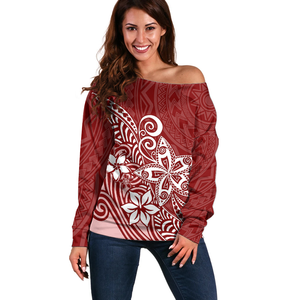 Polynesia Off Shoulder Sweater Plumeria Red Curves LT7 Women Red - Polynesian Pride