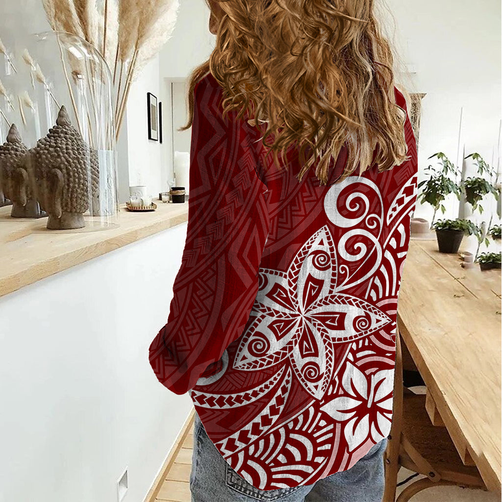 Polynesia Women Casual Shirt Plumeria Red Curves LT7 - Polynesian Pride