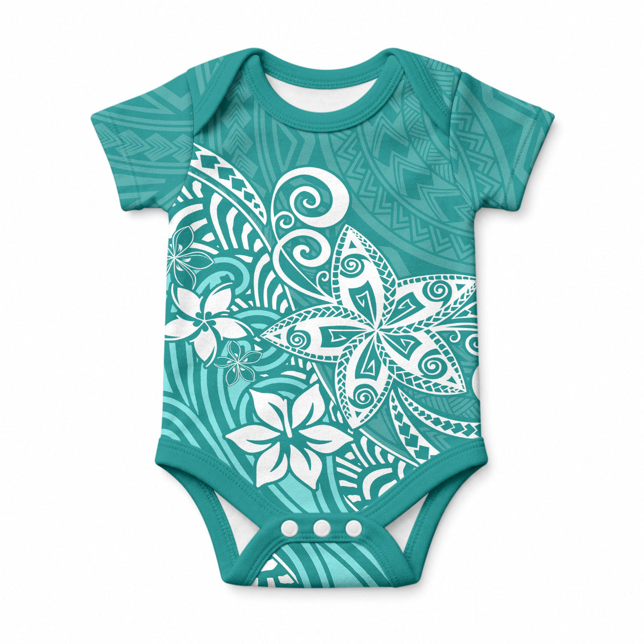 Polynesia Baby Onesie Plumeria Teal Curves