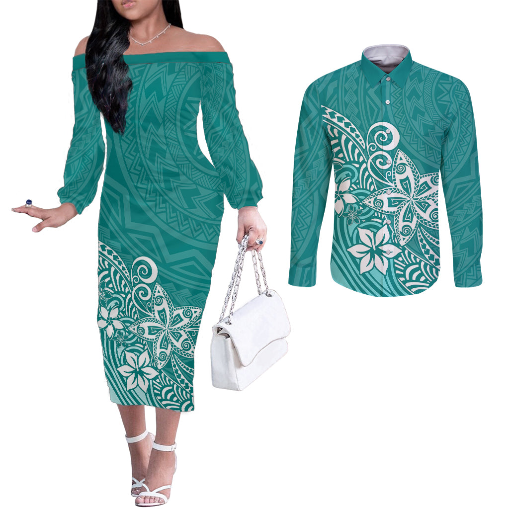 Polynesia Couples Matching Off The Shoulder Long Sleeve Dress and Long Sleeve Button Shirts Plumeria Teal Curves LT7 Teal - Polynesian Pride