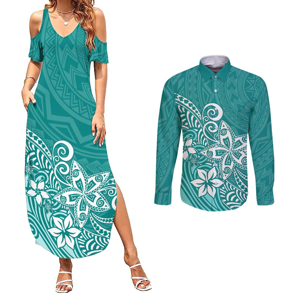 Polynesia Couples Matching Summer Maxi Dress and Long Sleeve Button Shirts Plumeria Teal Curves LT7 Teal - Polynesian Pride