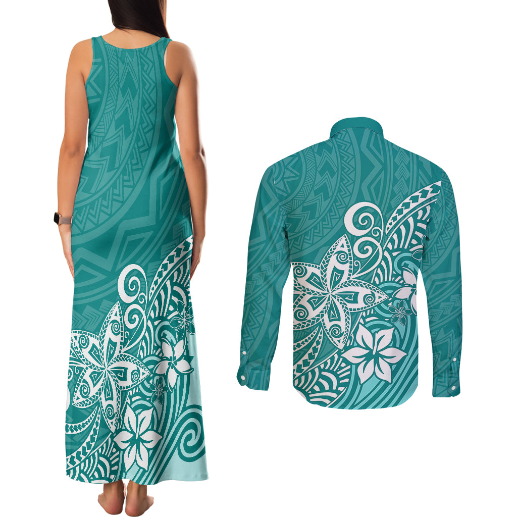 Polynesia Couples Matching Tank Maxi Dress and Long Sleeve Button Shirts Plumeria Teal Curves LT7 - Polynesian Pride