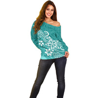 Polynesia Off Shoulder Sweater Plumeria Teal Curves LT7 - Polynesian Pride