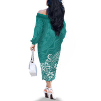 Polynesia Off The Shoulder Long Sleeve Dress Plumeria Teal Curves LT7 - Polynesian Pride