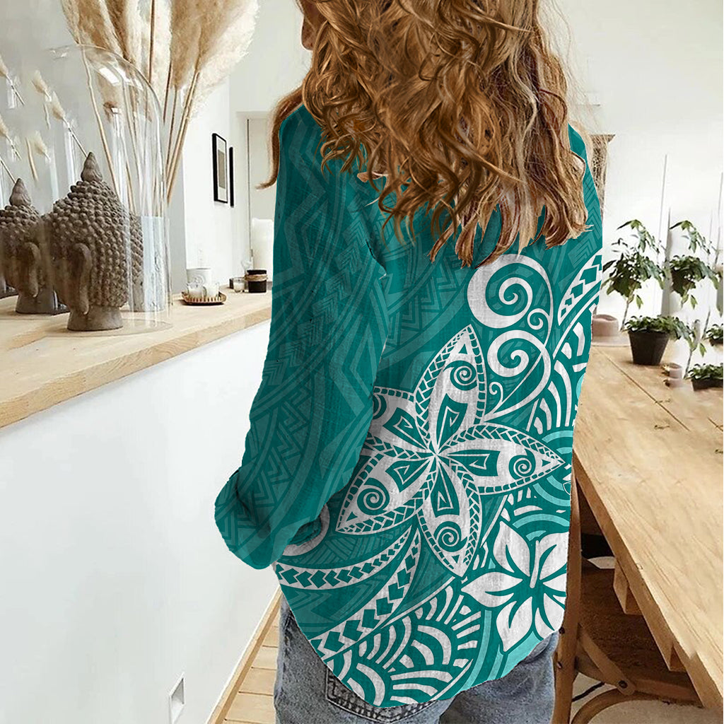 Polynesia Women Casual Shirt Plumeria Teal Curves LT7 - Polynesian Pride