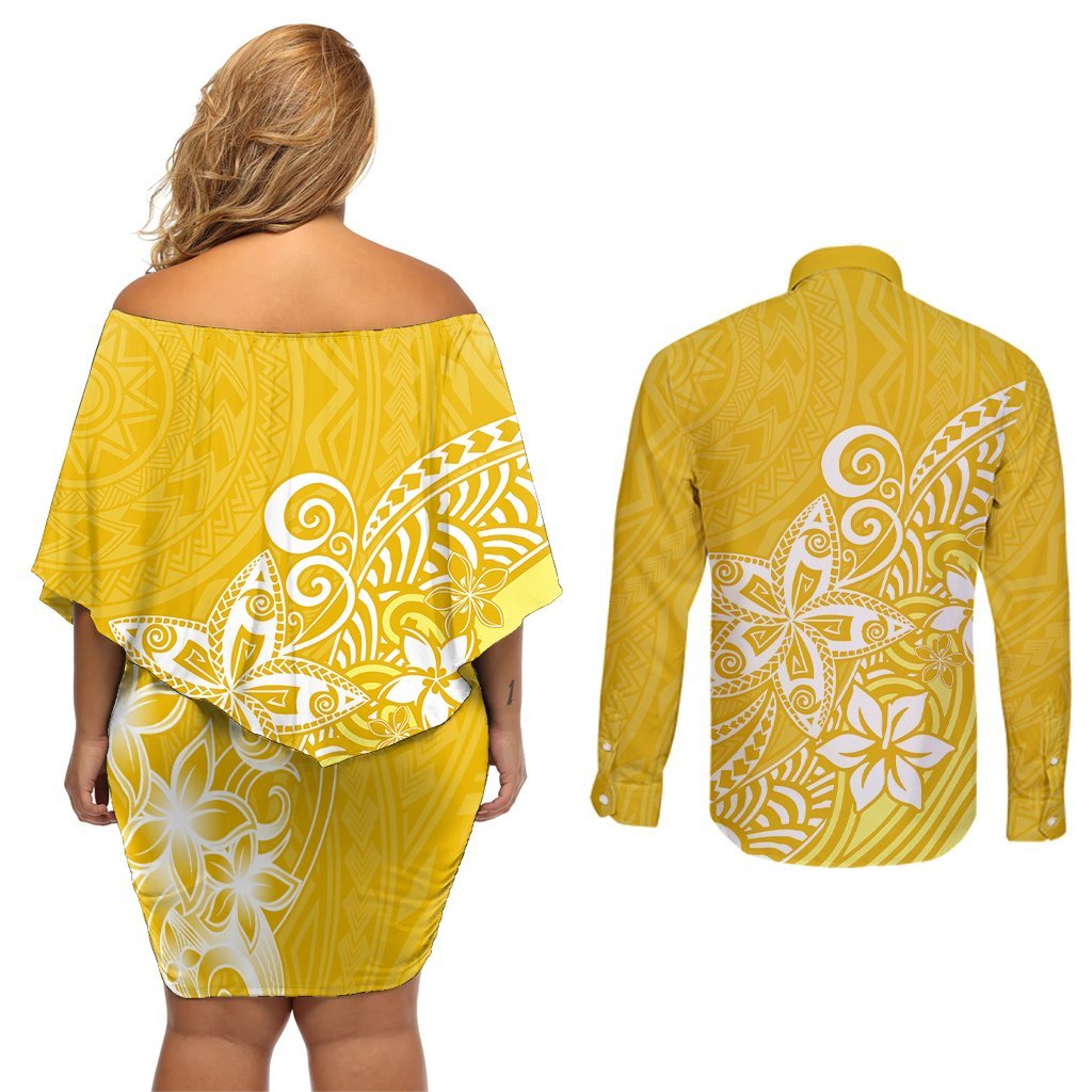 Polynesia Couples Matching Off Shoulder Short Dress and Long Sleeve Button Shirts Plumeria Yellow Curves LT7 - Polynesian Pride