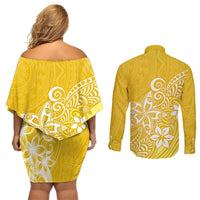 Polynesia Couples Matching Off Shoulder Short Dress and Long Sleeve Button Shirts Plumeria Yellow Curves LT7 - Polynesian Pride
