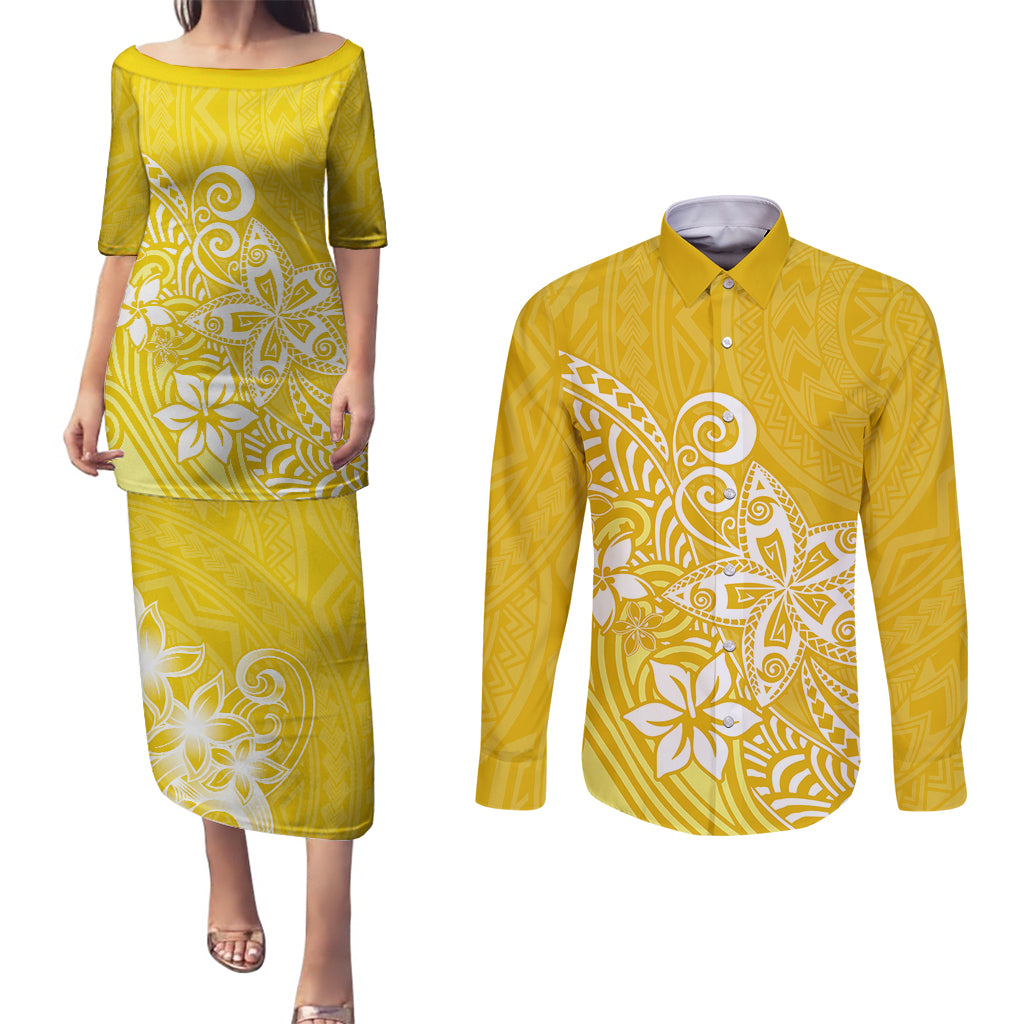 Polynesia Couples Matching Puletasi Dress and Long Sleeve Button Shirts Plumeria Yellow Curves LT7 Yellow - Polynesian Pride