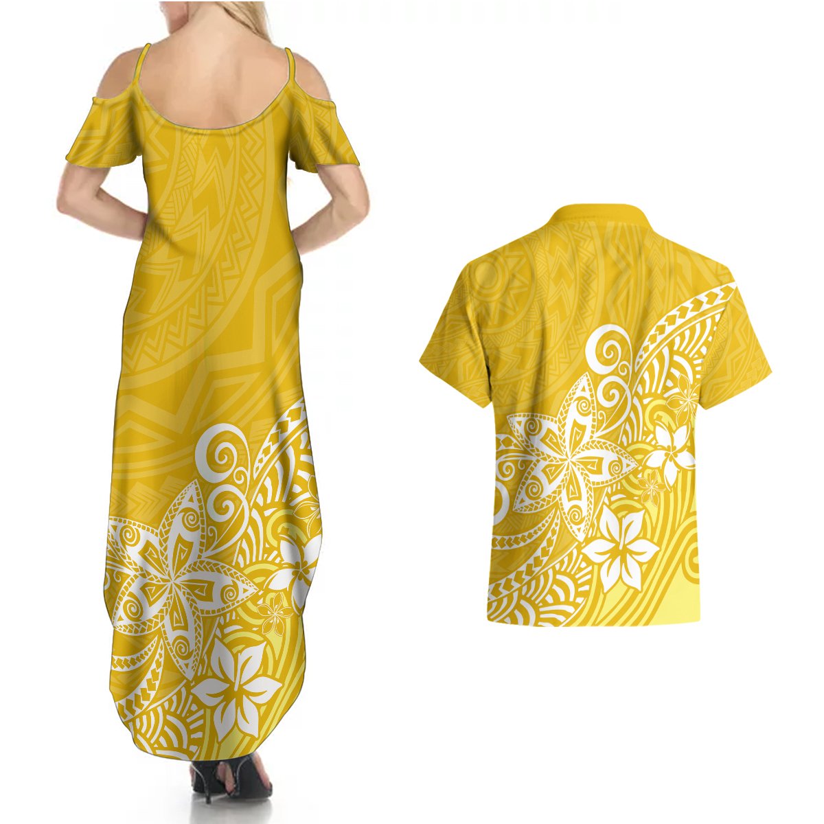 Polynesia Couples Matching Summer Maxi Dress and Hawaiian Shirt Plumeria Yellow Curves LT7 - Polynesian Pride