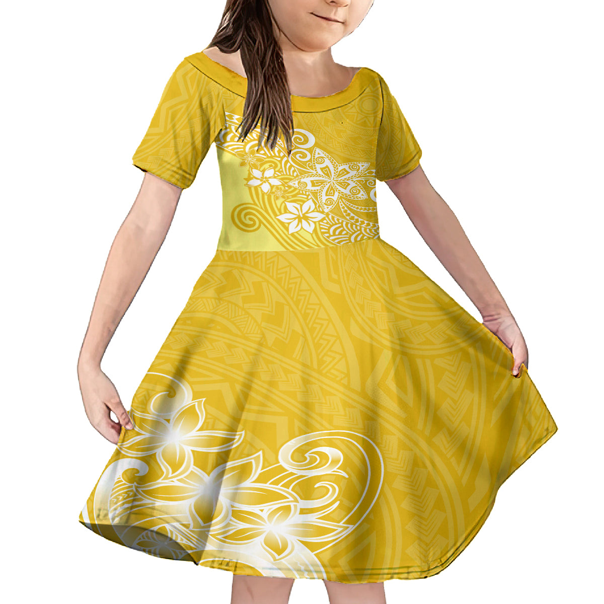 Hawaii Family Matching Outfits Polynesia Off Shoulder Maxi Dress And Shirt Family Set Clothes Plumeria Yellow Curves LT7 Daughter's Dress Yellow - Polynesian Pride
