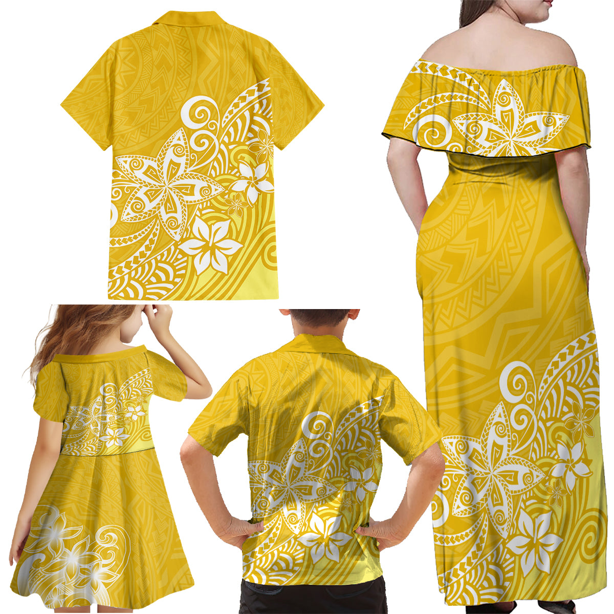 Hawaii Family Matching Outfits Polynesia Off Shoulder Maxi Dress And Shirt Family Set Clothes Plumeria Yellow Curves LT7 - Polynesian Pride
