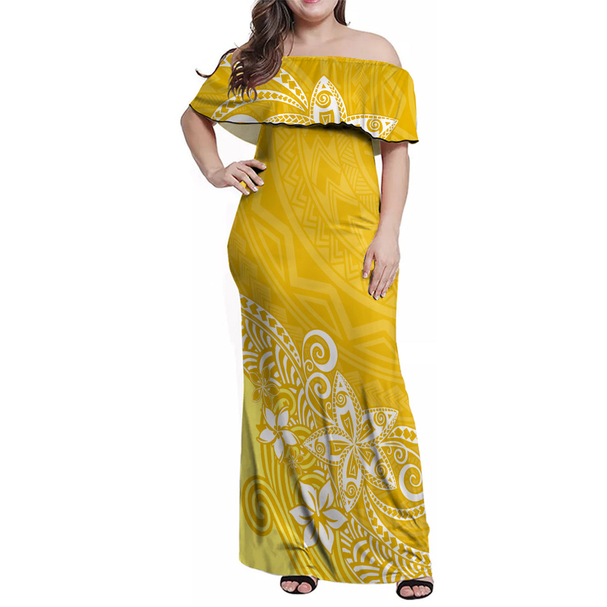 Hawaii Family Matching Outfits Polynesia Off Shoulder Maxi Dress And Shirt Family Set Clothes Plumeria Yellow Curves LT7 Mom's Dress Yellow - Polynesian Pride