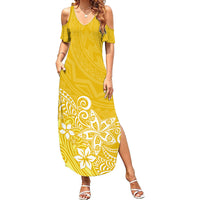 Hawaii Family Matching Outfits Polynesia Summer Maxi Dress And Shirt Family Set Clothes Plumeria Yellow Curves LT7 Mom's Dress Yellow - Polynesian Pride