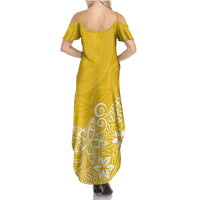 Hawaii Family Matching Outfits Polynesia Summer Maxi Dress And Shirt Family Set Clothes Plumeria Yellow Curves LT7 - Polynesian Pride