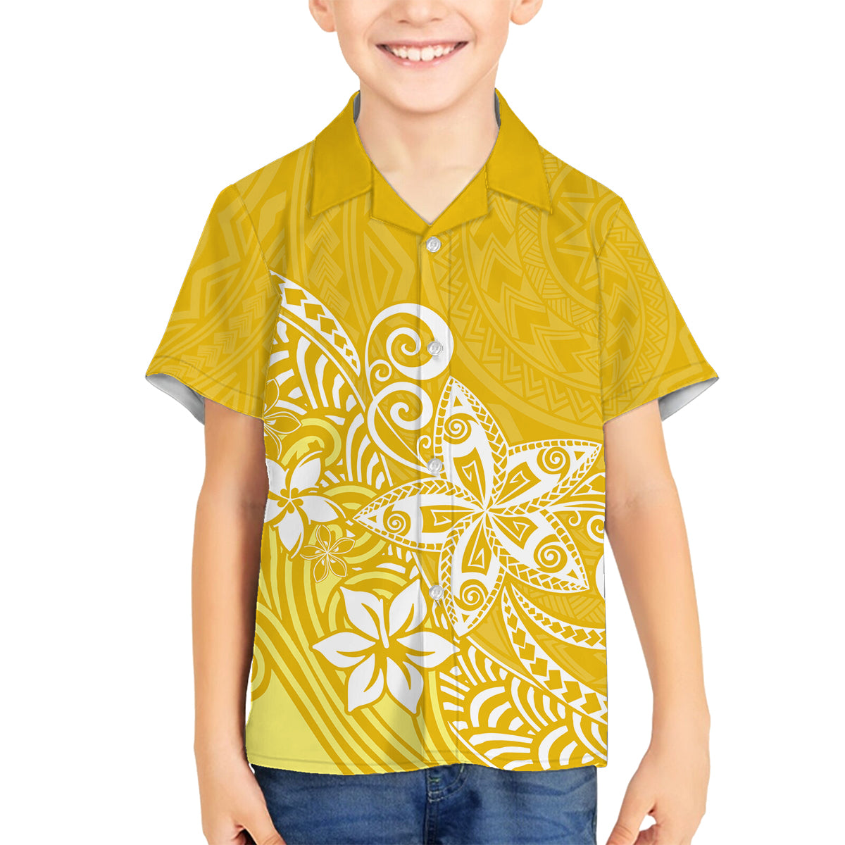 Hawaii Family Matching Outfits Polynesia Summer Maxi Dress And Shirt Family Set Clothes Plumeria Yellow Curves LT7 Son's Shirt Yellow - Polynesian Pride