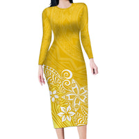 Polynesia Long Sleeve Bodycon Dress Plumeria Yellow Curves LT7 Long Dress Yellow - Polynesian Pride