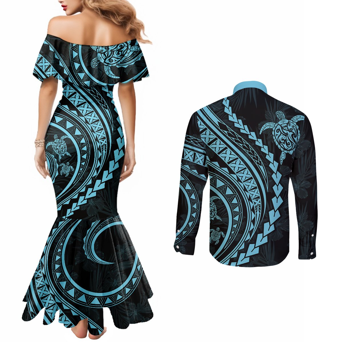 Polynesian Pride Couples Matching Mermaid Dress and Long Sleeve Button Shirts Turtle Hibiscus Luxury Style - Aquamarine LT7 - Polynesian Pride