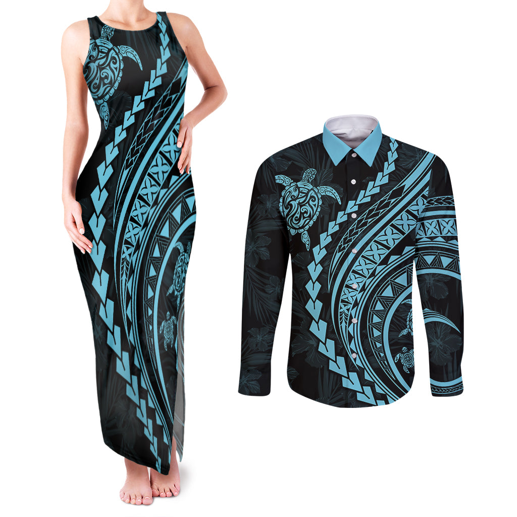 Polynesian Pride Couples Matching Tank Maxi Dress and Long Sleeve Button Shirts Turtle Hibiscus Luxury Style - Aquamarine LT7 Aquamarine - Polynesian Pride