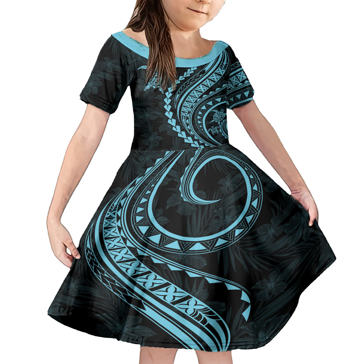 Hawaii Family Matching Outfits - Polynesian Pride Summer Maxi Dress and Shirt Turtle Hibiscus Luxury Style Aquamarine LT7 Daughter's Dress Blue - Polynesian Pride