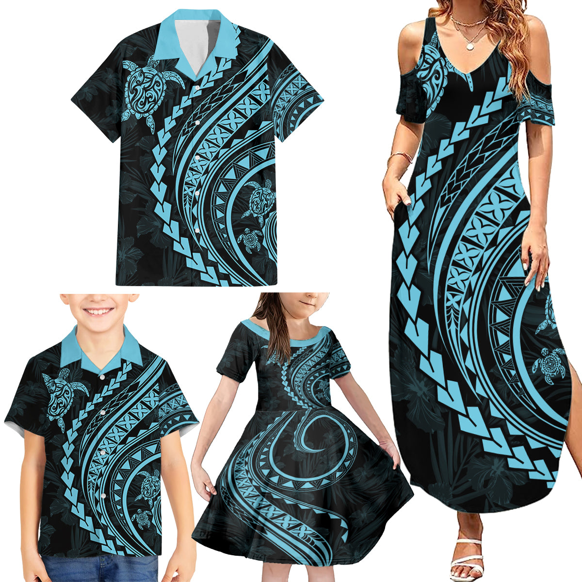 Hawaii Family Matching Outfits - Polynesian Pride Summer Maxi Dress and Shirt Turtle Hibiscus Luxury Style Aquamarine LT7 - Polynesian Pride