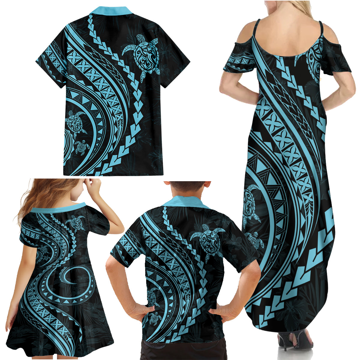 Hawaii Family Matching Outfits - Polynesian Pride Summer Maxi Dress and Shirt Turtle Hibiscus Luxury Style Aquamarine LT7 - Polynesian Pride