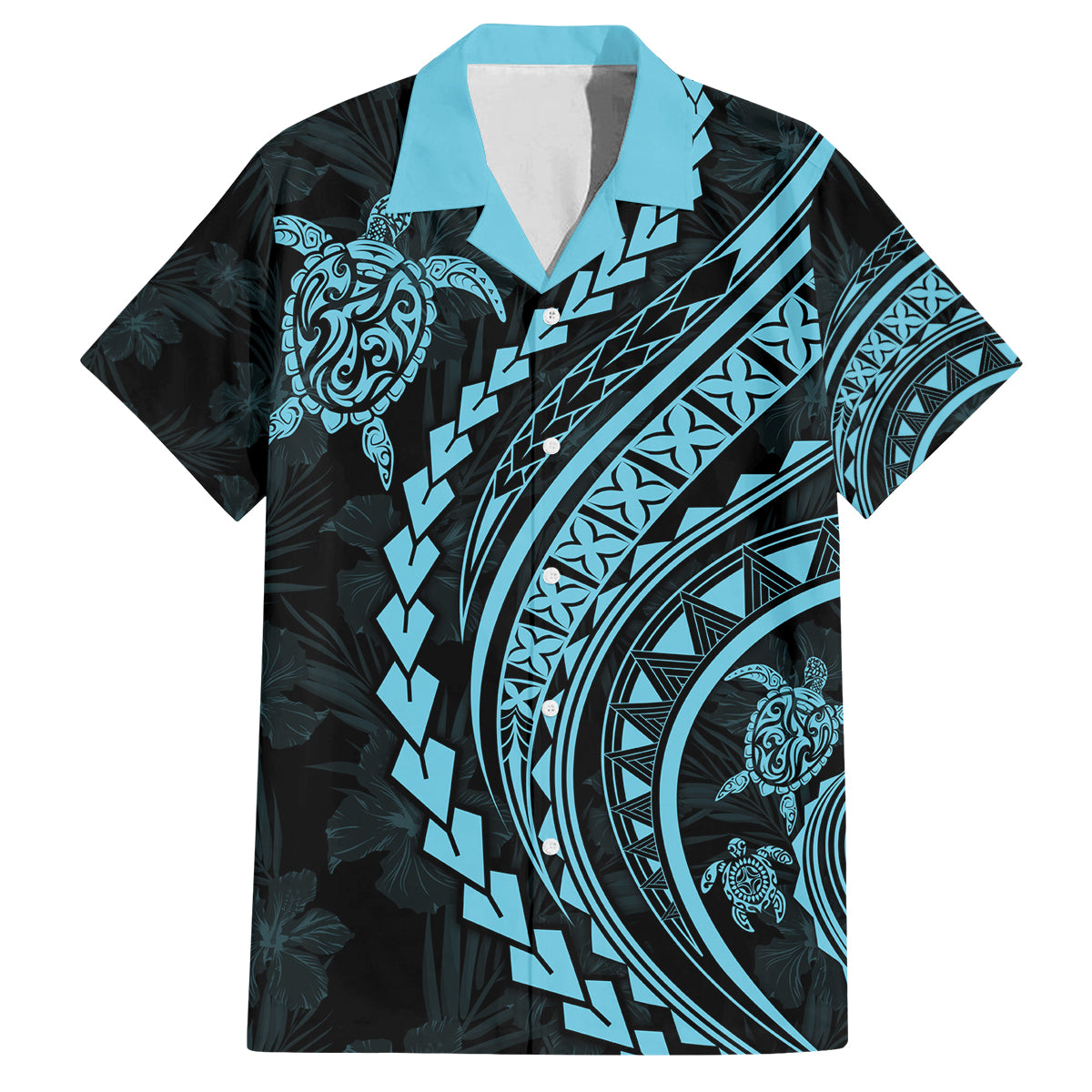 Hawaii Family Matching Outfits - Polynesian Pride Summer Maxi Dress and Shirt Turtle Hibiscus Luxury Style Aquamarine LT7 Dad's Shirt - Short Sleeve Blue - Polynesian Pride