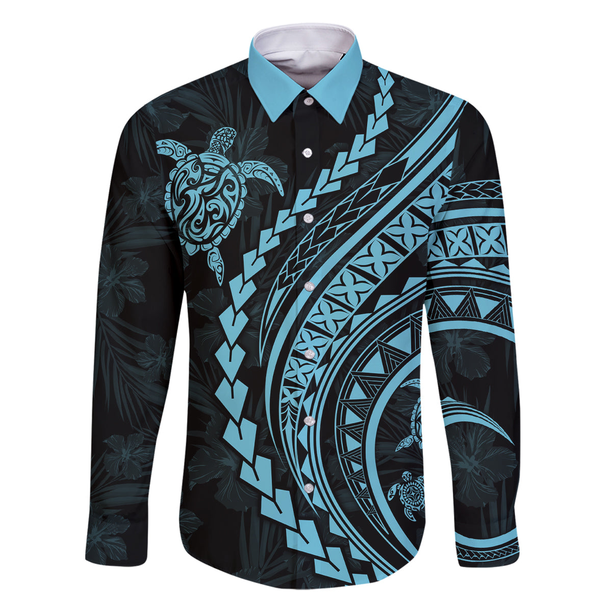 Hawaii Family Matching Outfits - Polynesian Pride Summer Maxi Dress and Shirt Turtle Hibiscus Luxury Style Aquamarine LT7 Dad's Shirt - Long Sleeve Blue - Polynesian Pride