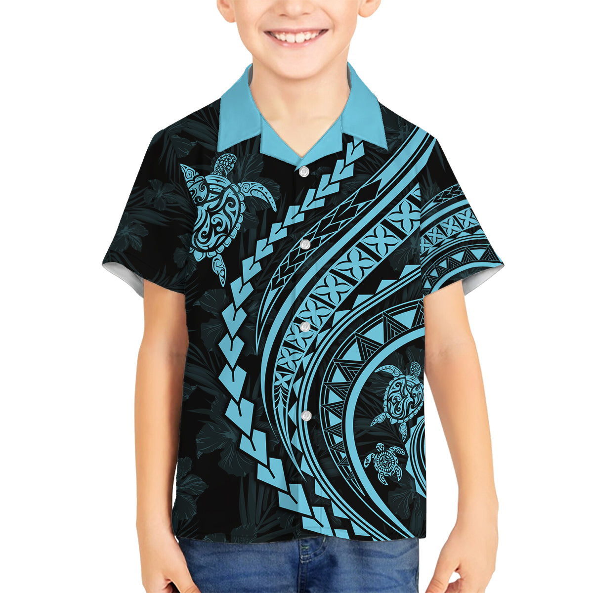 Hawaii Family Matching Outfits - Polynesian Pride Summer Maxi Dress and Shirt Turtle Hibiscus Luxury Style Aquamarine LT7 Son's Shirt Blue - Polynesian Pride