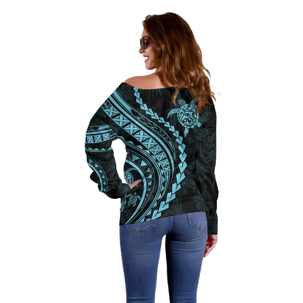 Polynesian Pride Off Shoulder Sweater Turtle Hibiscus Luxury Style - Aquamarine LT7 - Polynesian Pride