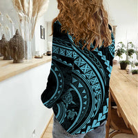 Polynesian Pride Women Casual Shirt Turtle Hibiscus Luxury Style - Aquamarine LT7 - Polynesian Pride