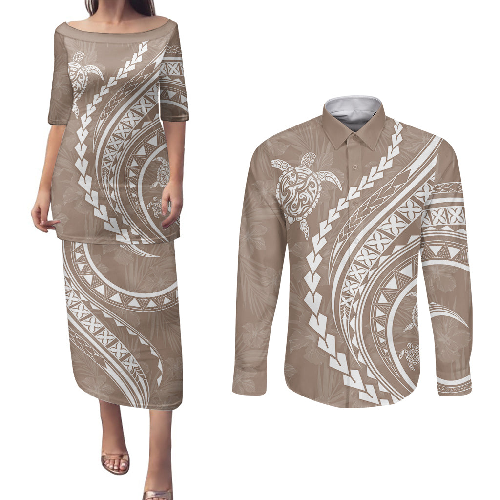 Polynesian Pride Couples Matching Puletasi Dress and Long Sleeve Button Shirts Turtle Hibiscus Luxury Style - Beige LT7 Beige - Polynesian Pride