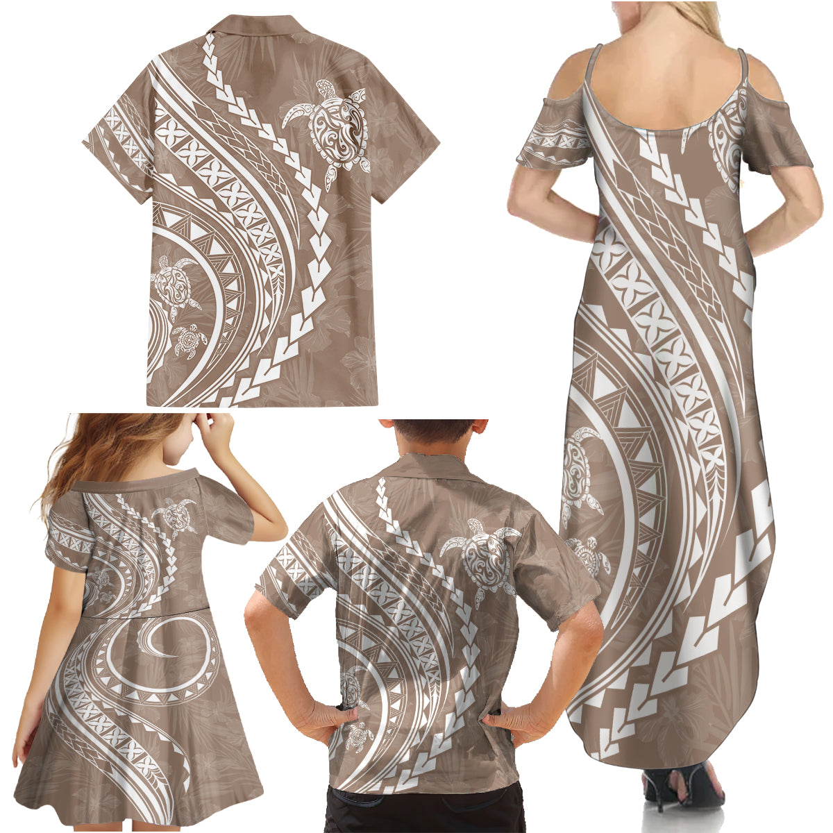 Hawaii Family Matching Outfits Polynesian Pride Summer Maxi Dress And Shirt Family Set Clothes Turtle Hibiscus Luxury Style - Beige LT7 - Polynesian Pride