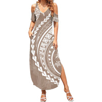 Hawaii Family Matching Outfits Polynesian Pride Summer Maxi Dress And Shirt Family Set Clothes Turtle Hibiscus Luxury Style - Beige LT7 Mom's Dress Beige - Polynesian Pride