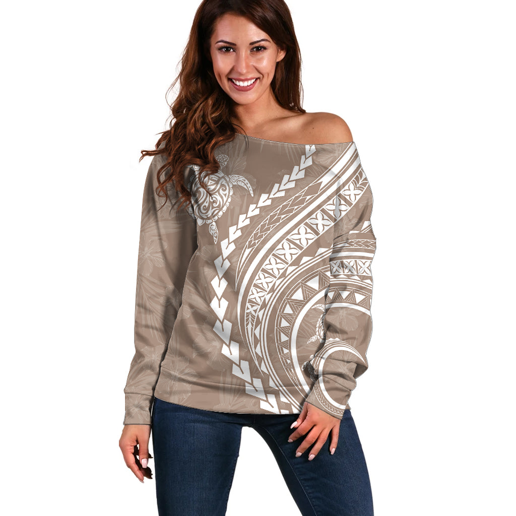 Polynesian Pride Off Shoulder Sweater Turtle Hibiscus Luxury Style - Beige LT7 Women Beige - Polynesian Pride