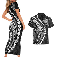 Polynesian Pride Couples Matching Short Sleeve Bodycon Dress and Hawaiian Shirt Turtle Hibiscus Luxury Style - Black LT7 - Polynesian Pride