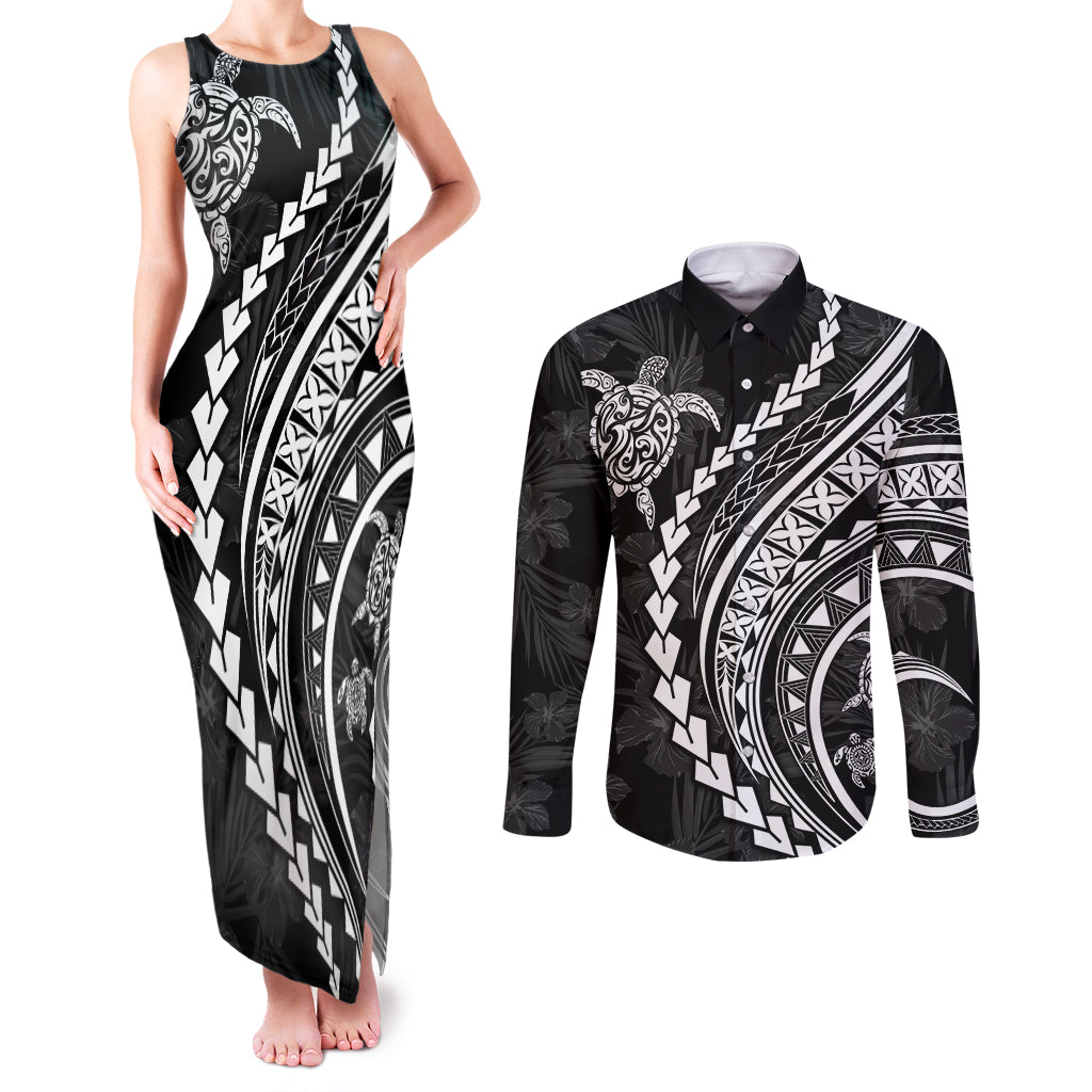 Polynesian Pride Couples Matching Tank Maxi Dress and Long Sleeve Button Shirts Turtle Hibiscus Luxury Style - Black LT7 Black - Polynesian Pride