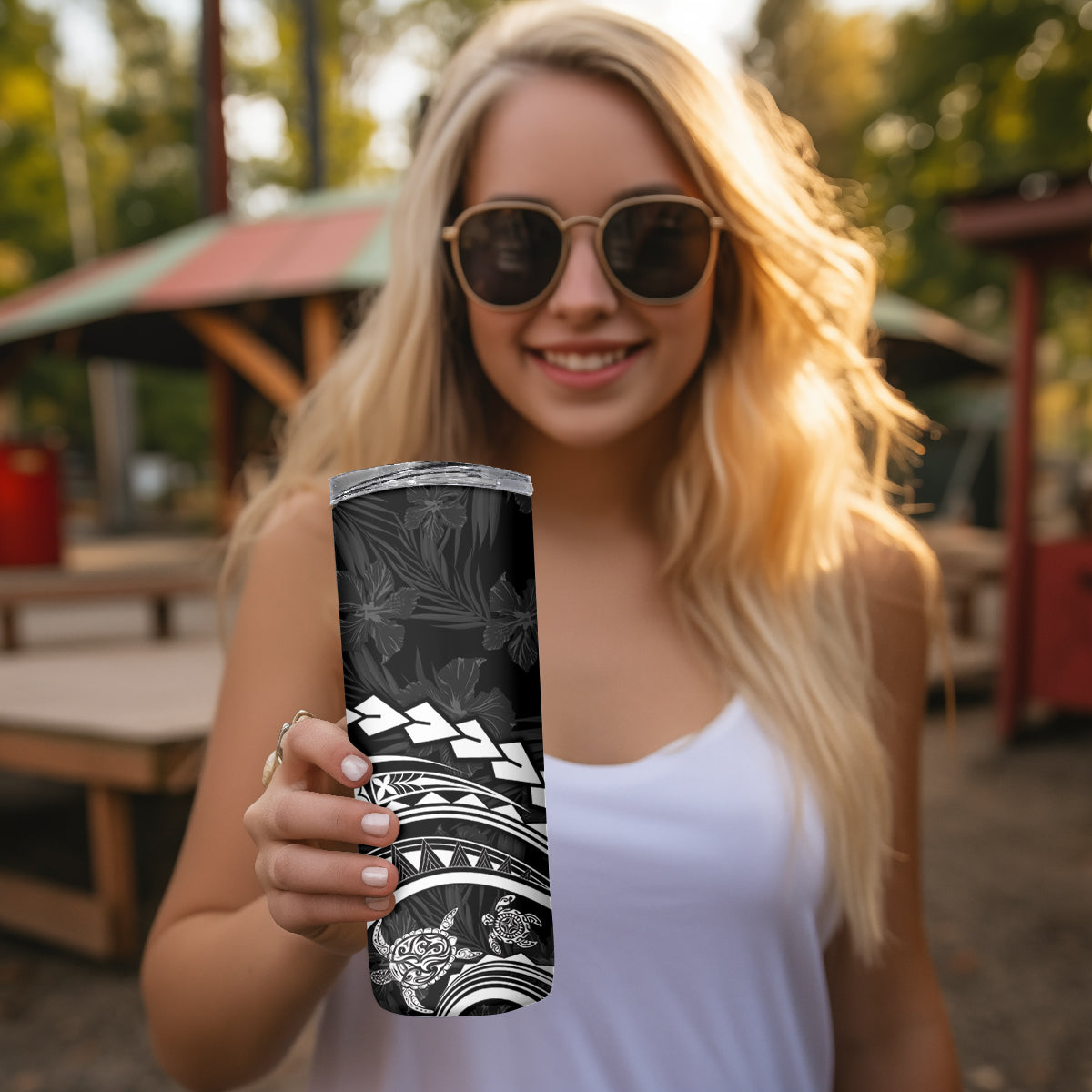Polynesian Pride Skinny Tumbler Turtle Hibiscus Luxury Style - Black
