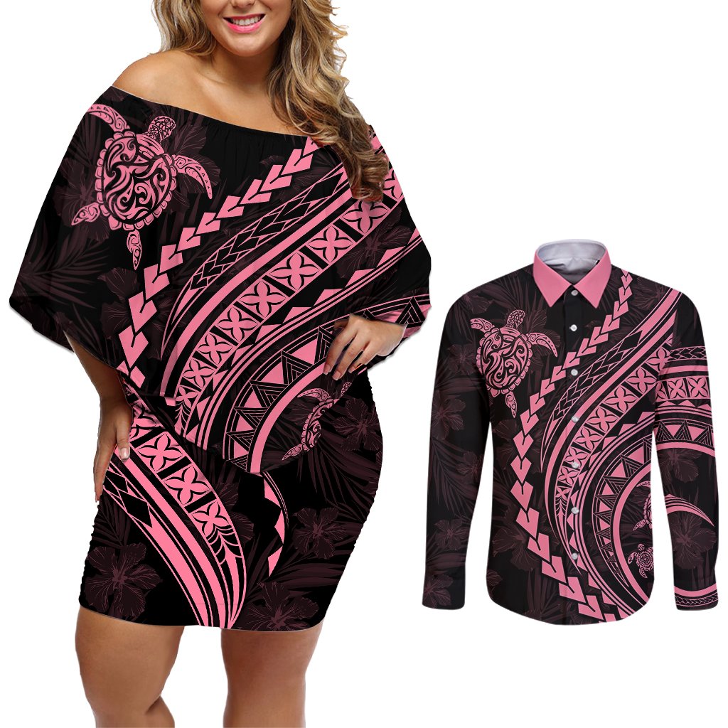 Polynesian Pride Couples Matching Off Shoulder Short Dress and Long Sleeve Button Shirts Turtle Hibiscus Luxury Style - Carnation Pink LT7 Carnation Pink - Polynesian Pride
