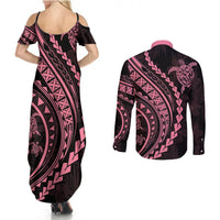 Polynesian Pride Couples Matching Summer Maxi Dress and Long Sleeve Button Shirts Turtle Hibiscus Luxury Style - Carnation Pink LT7 - Polynesian Pride