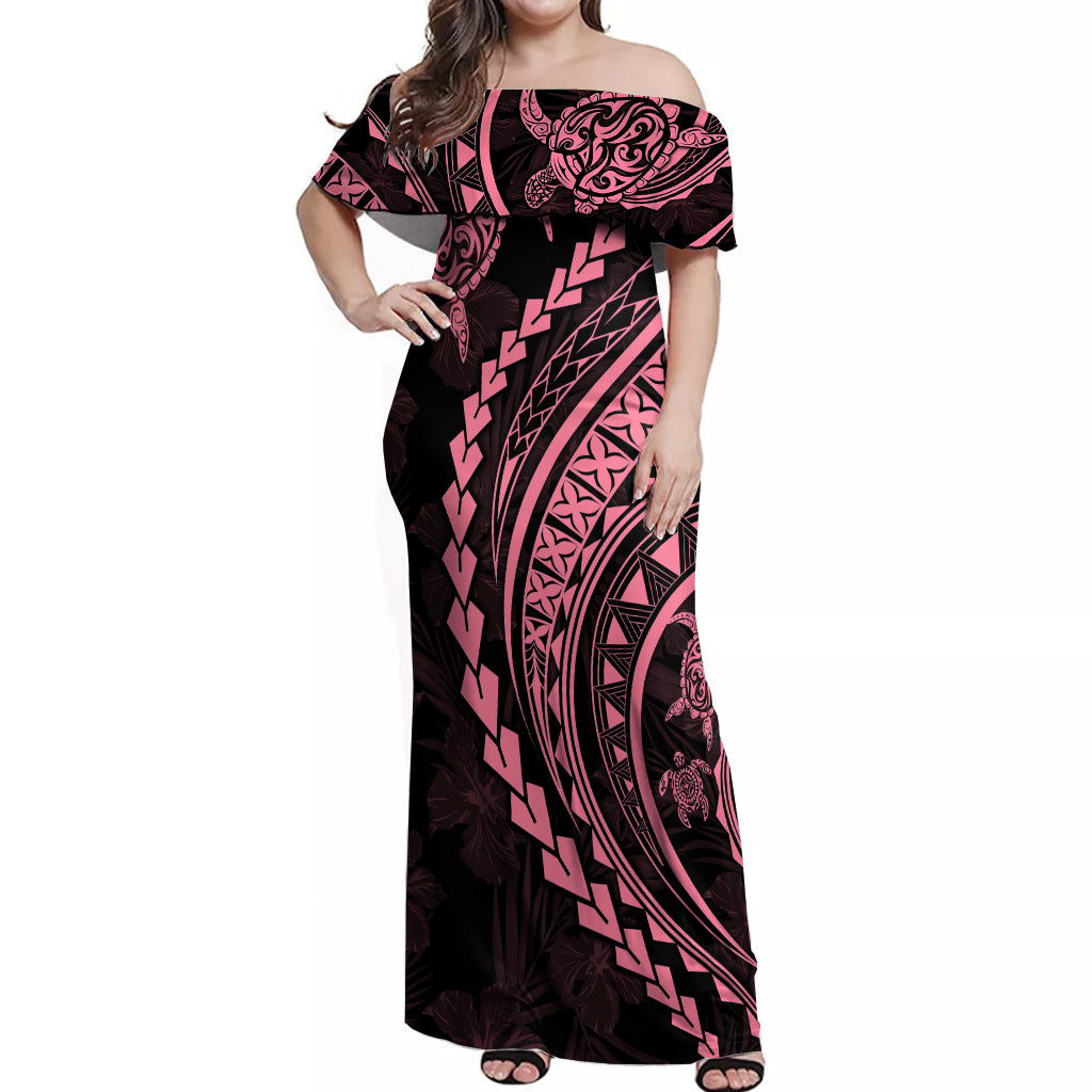 Polynesian Pride Off Shoulder Maxi Dress Turtle Hibiscus Luxury Style - Carnation Pink LT7 Women Carnation Pink - Polynesian Pride