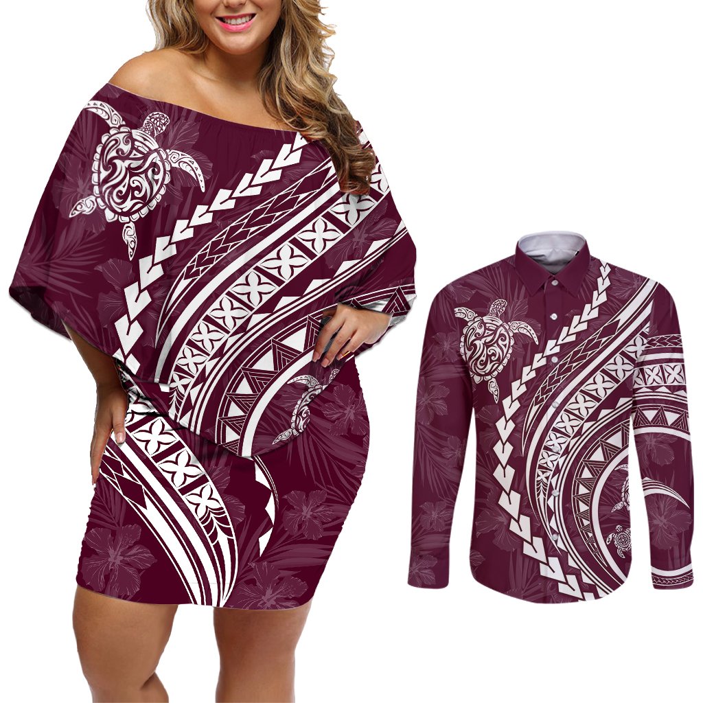 Polynesian Pride Couples Matching Off Shoulder Short Dress and Long Sleeve Button Shirts Turtle Hibiscus Luxury Style - Champagne LT7 Champagne - Polynesian Pride
