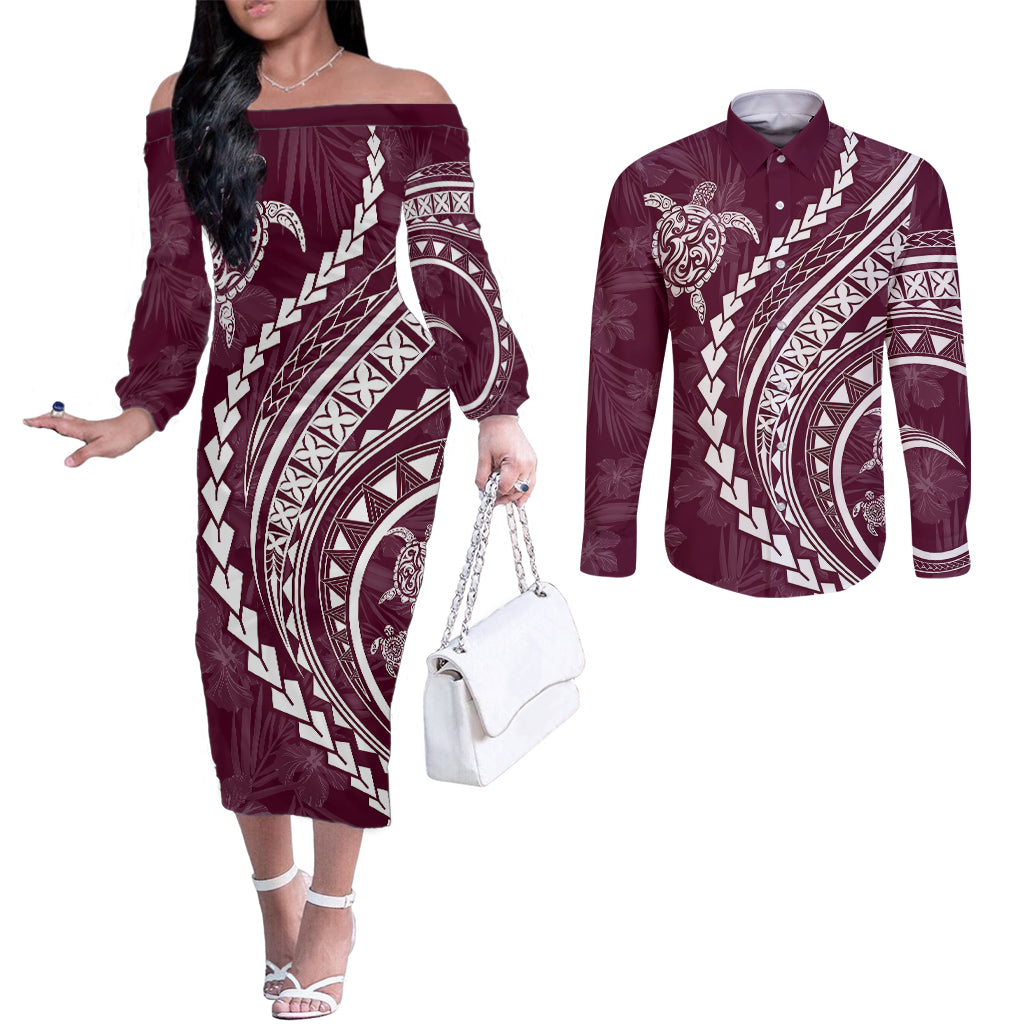 Polynesian Pride Couples Matching Off The Shoulder Long Sleeve Dress and Long Sleeve Button Shirts Turtle Hibiscus Luxury Style - Champagne LT7 Champagne - Polynesian Pride