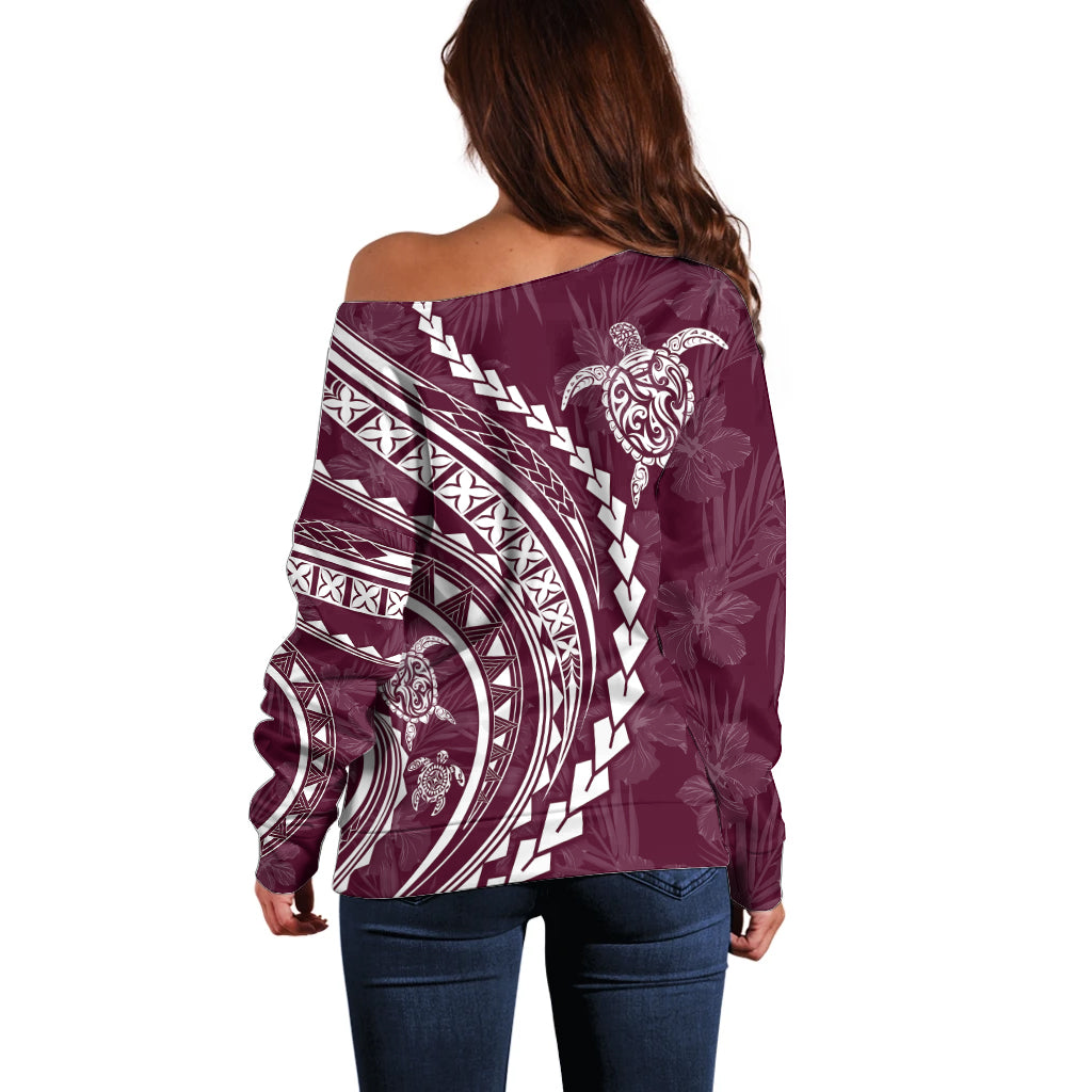 Polynesian Pride Off Shoulder Sweater Turtle Hibiscus Luxury Style - Champagne LT7 - Polynesian Pride