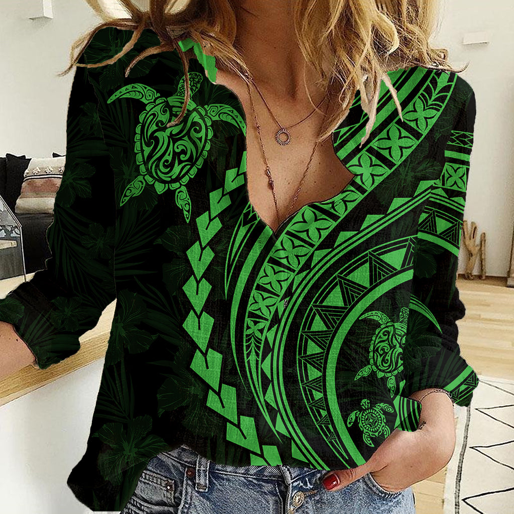 Polynesian Pride Women Casual Shirt Turtle Hibiscus Luxury Style - Green LT7 Female Green - Polynesian Pride