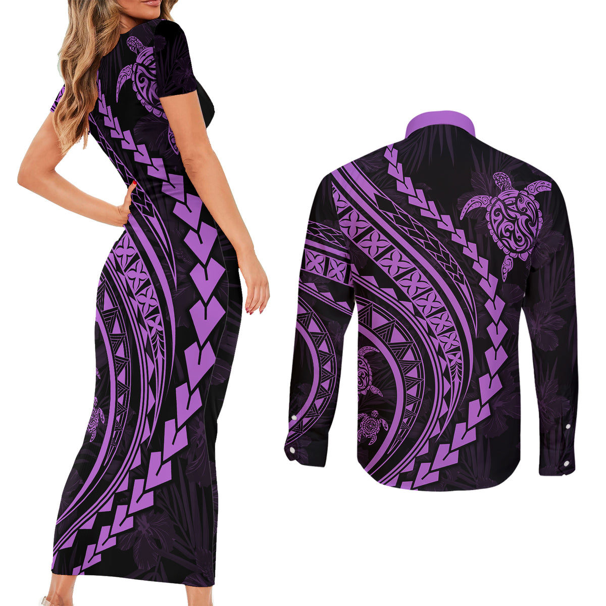 Polynesian Pride Couples Matching Short Sleeve Bodycon Dress and Long Sleeve Button Shirts Turtle Hibiscus Luxury Style - Lilac LT7 - Polynesian Pride
