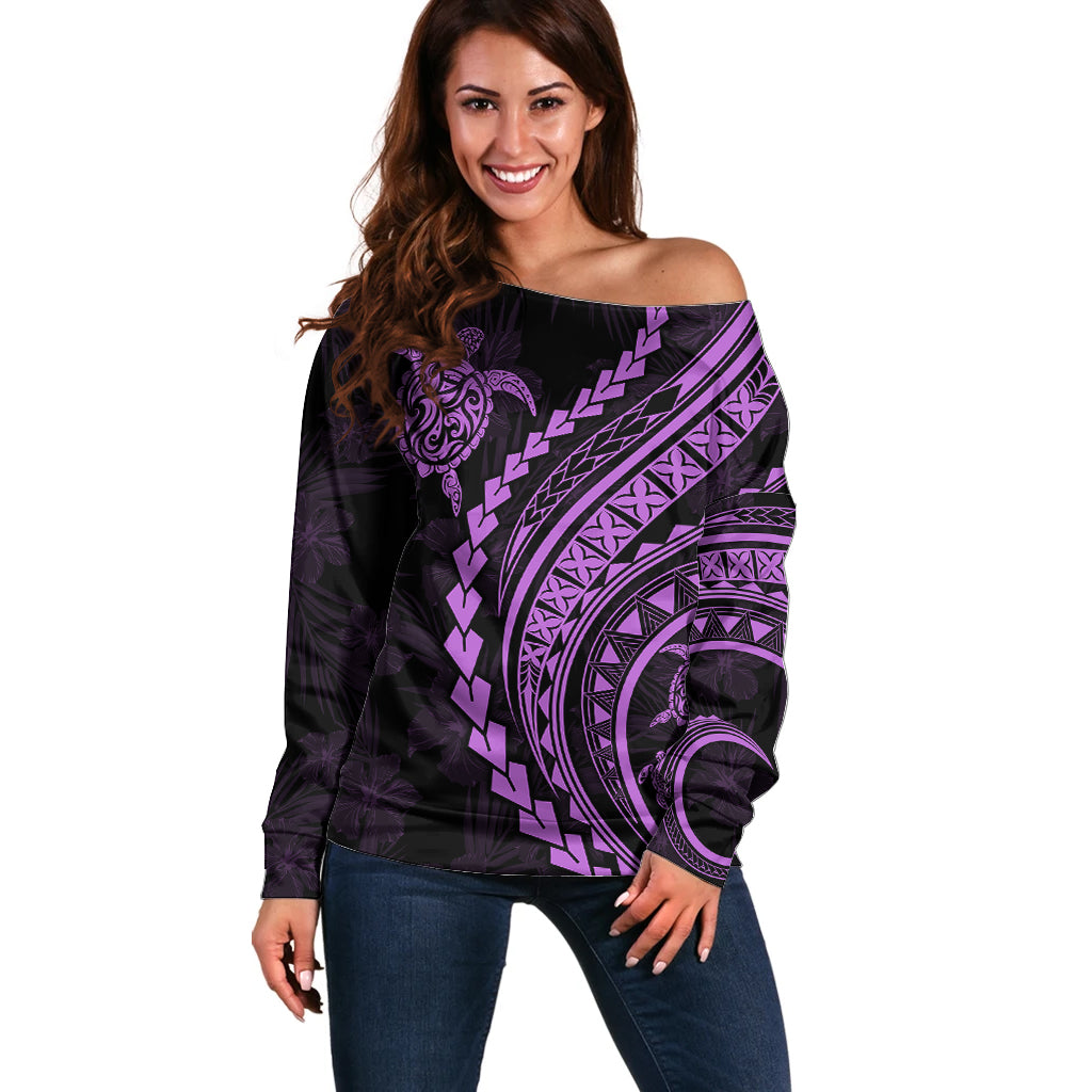 Polynesian Pride Off Shoulder Sweater Turtle Hibiscus Luxury Style - Lilac LT7 Women Lilac - Polynesian Pride