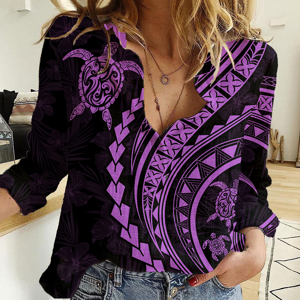 Polynesian Pride Women Casual Shirt Turtle Hibiscus Luxury Style - Lilac LT7 Female Lilac - Polynesian Pride