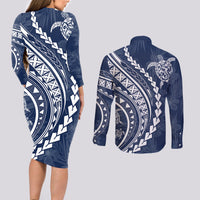 Polynesian Pride Couples Matching Long Sleeve Bodycon Dress and Long Sleeve Button Shirts Turtle Hibiscus Luxury Style - Navy LT7 - Polynesian Pride