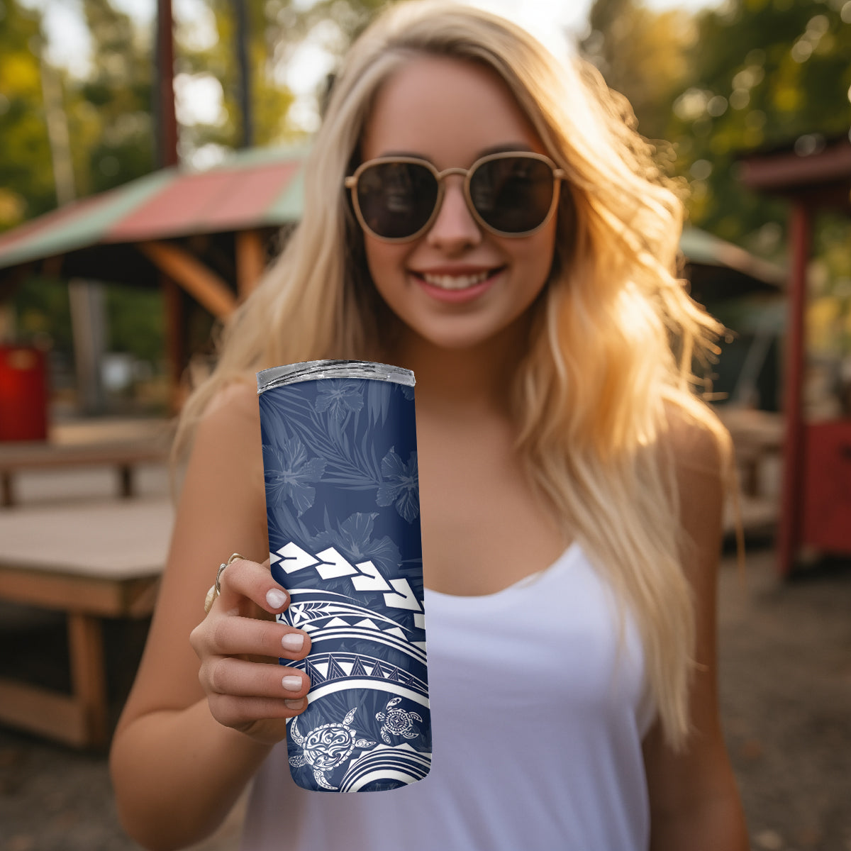 Polynesian Pride Skinny Tumbler Turtle Hibiscus Luxury Style - Navy