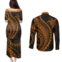 Polynesian Pride Couples Matching Puletasi Dress and Long Sleeve Button Shirts Turtle Hibiscus Luxury Style - Orange LT7 - Polynesian Pride